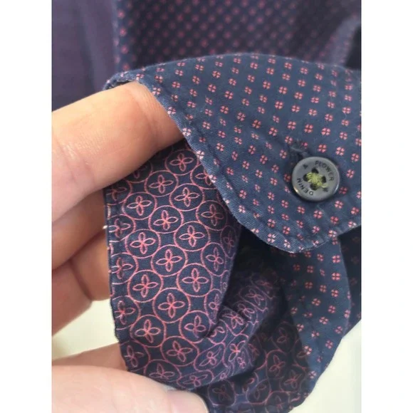 Denim & Flower Mens Slim Fit Navy Blue Pink Micro Dot Cotton Button Up Shirt M - Picture 3 of 9